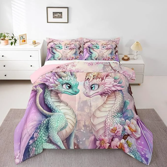 Professional Western Dragon Couple Comforter Set Toddler Size Japanese Cherry Blossom Bedding Sets All Season Pastel Girly Pink Castle Quilt Set Bedroom Decor Dreamy Fairy Tale Down Comforter 2Pcs Prestigious