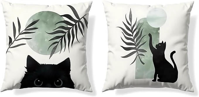 Recyclable Sage Green Cat Throw Pillow Covers 18×18 Set of 2 for Cat Lovers Boho Black Cat Pillowcases Aesthetic Green and Black Decor for Dorm Bedroom Office Professional