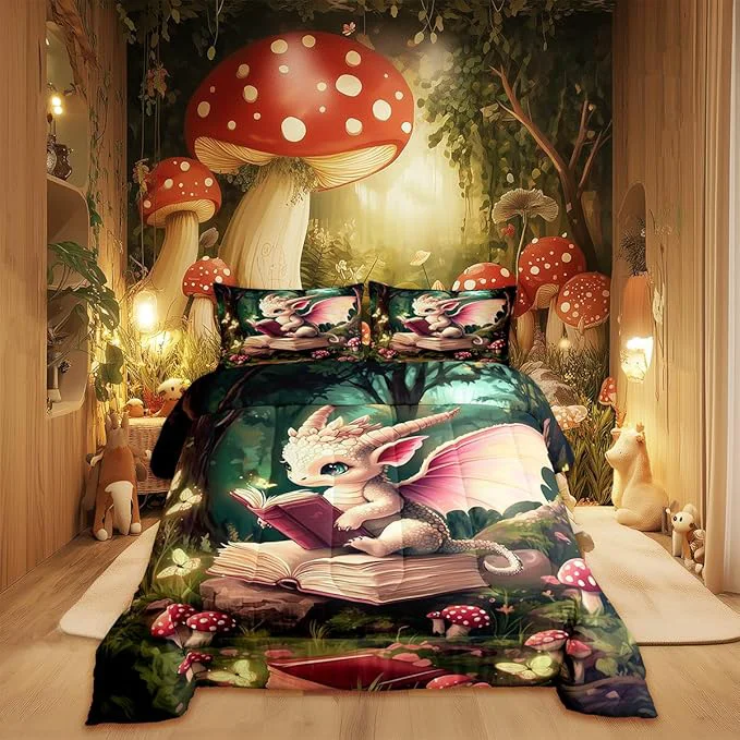 Artisan al Dragon Wildlife Comforter Set Queen Size Childlike Fairy Tale Bedding Set Kids Bedroom Decor Cute Jungle Mushroom All Season Quilt Set Sparkling Butterfly Bedding Comforter Sets 3Pcs Contemporary