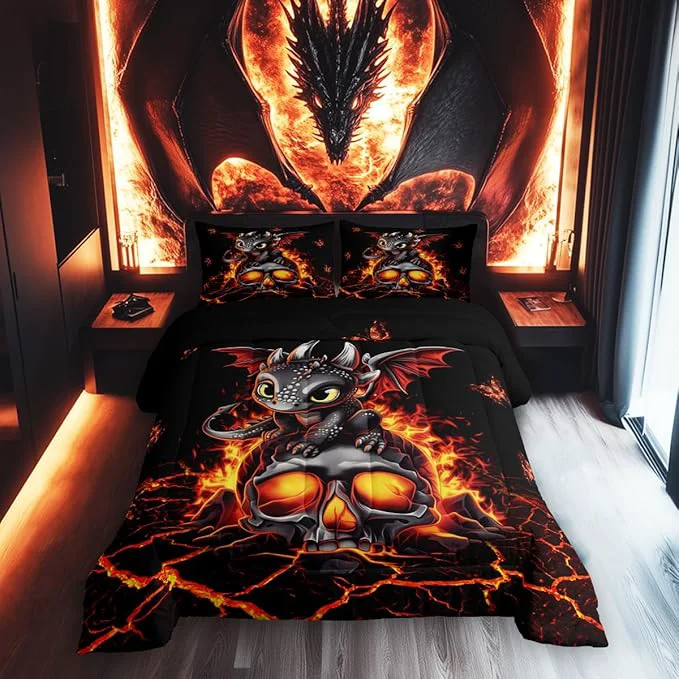 Eco-Friendly Castle Fairy Cartoon Dragon Bedding Set Full Size Black Skull Flame Crack Comforter for Child Toddler Teens Lovely Halloween Dragon Down Comforter Neon Red Butterfly Duvet Insert with 2 Pillowcases Long-Lasting