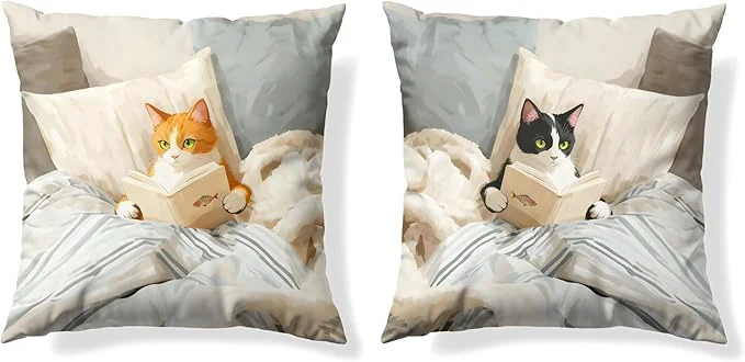 Effective Funny Cat Reader Book Throw Pillow Cover 18 x 18 Set of 2 Gifts for Book Lovers Reading Nook Corner Decor Preppy Floral Black Orange Tabby Tuxedo Cats Bookish Pillowcase（02） Specialty