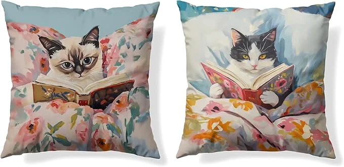 Consistent Funny Cat Reader Book Pillow Cover 18 x 18 Set of 2 Reading Nook Corner Decor Gifts for Book Lovers Preppy Floral Black White Cats Bookish Pillowcase（02） Original