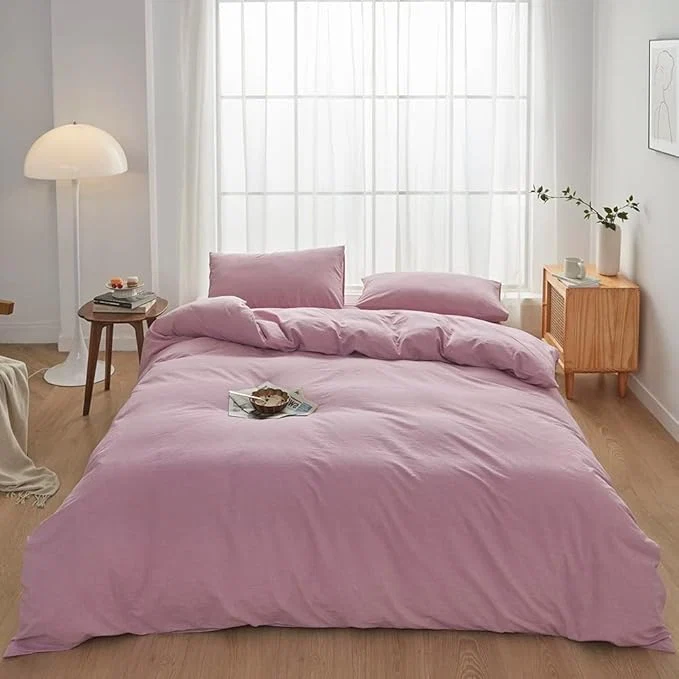 Professional FACE TWO FACE Bedding Duvet Cover Set 3 Pieces Washed Cotton Duvet Cover Linen Like Textured Breathable Durable Soft Comfy King Pink Purple. Solid
