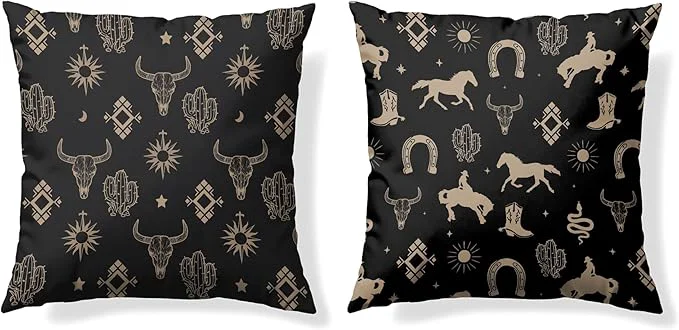 Solid Boho Western Cow Bull Longhorn Skull Pillow Cover 18 x 18 Set of 2 with Bohemian Aztec Pillow Cover Westen Cow Skull Bedroom Decor Cows Decorations for Home Refined