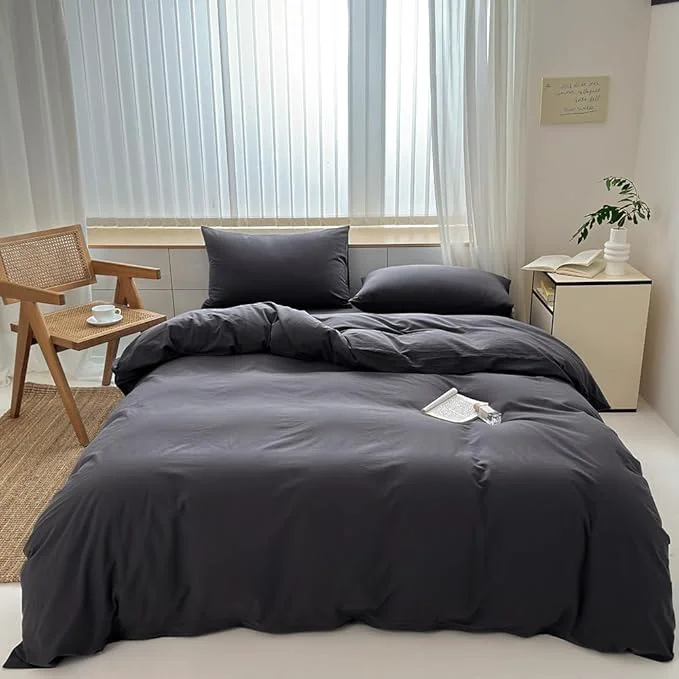 Practical FACE TWO FACE Bedding Duvet Cover Set Washed Cotton Duvet Cover Linen Like Textured Breathable Durable Soft Comfy Queen Volcanic Black Official