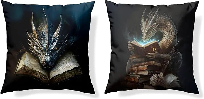 Durable Vintage al Black Dragon Reading Book Decorative Throw Pillow Covers 18×18 Set of 2 Fantasy Room Decor for Kids Gamers and Bookworms Reading Nook Decor Gifts for Bookworm Readers Clean