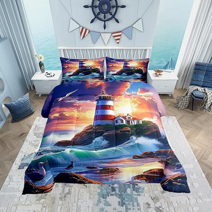 Advanced Castle Fairy 3D Lighthouse Comforter Set King Size Dreamy Sunset Sky Bedding Set Toddler Bedroom Decor Natural Coastal Scenery All Season Quilt Set Ocean Wave Bedding Comforter Sets 3Pcs User-Friendly