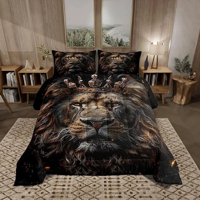 Genuine Castle Fairy 3D Lion Comforter Set King Size Wild African Animal Bedding Set Bedroom Decor Golden Glitter Crown Quilt Set Comfortable Breathable Luxury Black Duvet Insert with 2 Pillowcases 3 Pcs Advanced