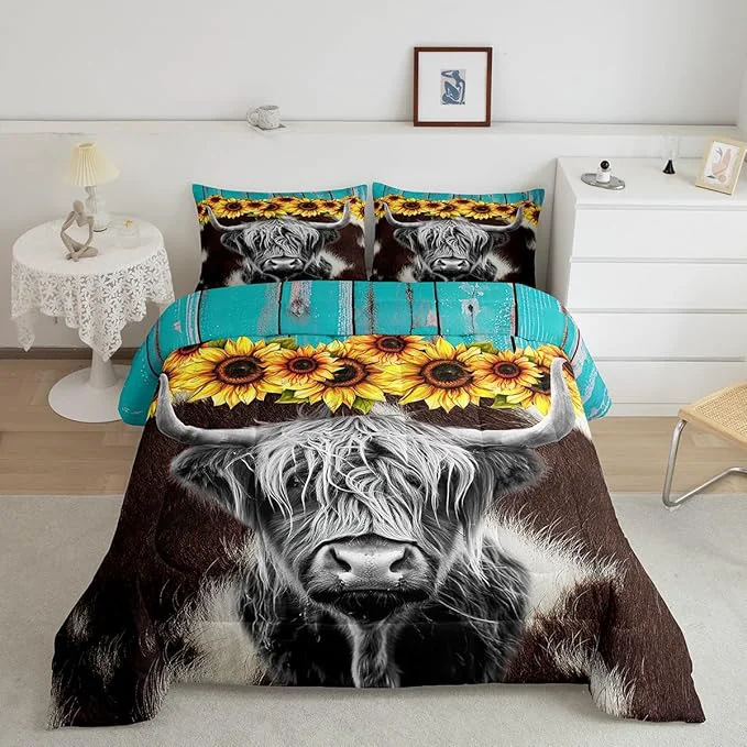 Clean Highland Cow Comforter Set Twin Size Not Cowhide Print Bedding Sets Sunflower Floral Duvet Insert Cow Fur Print Down Comforter Rustic Blue Wooden Barn Door Quilt Funny Farm Animals Quilt Easy-to-Use
