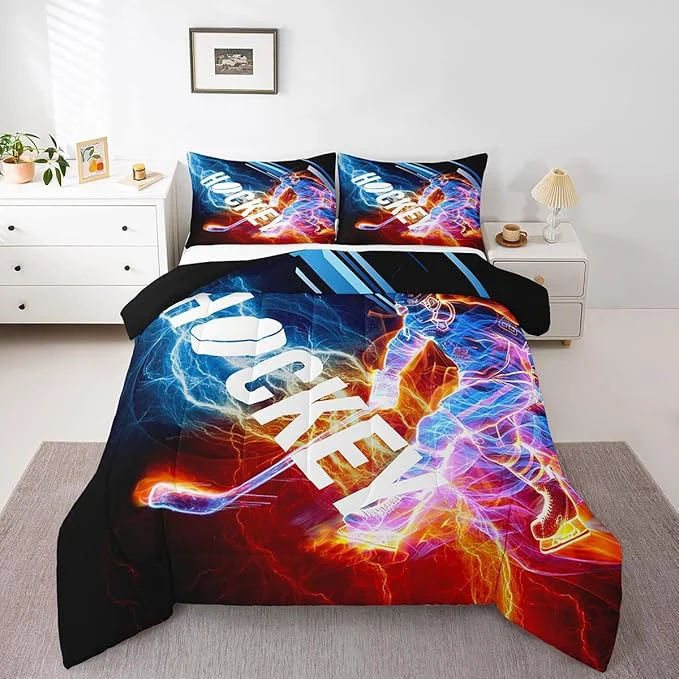 Casual Ice Hockey Comforter Set Full Puck Hockey Player Bedding Sets for Kids Boys Girls Teens Red Blue Lightening Duvet Insert Winter Sports Game Down Comforter Bedroom Decor for All Season 3 Pieces Effective