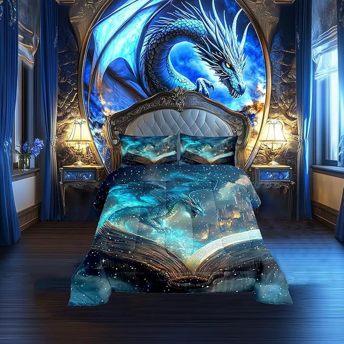 Certified Flying Dragon Comforter Set Full Size al Book Pattern Bedding Set Bedroom Decor Vintage Mid-Century Castle Quilt Set Comfortable Breathable Neon Burning Flame Duvet Insert 3Pcs Crafted