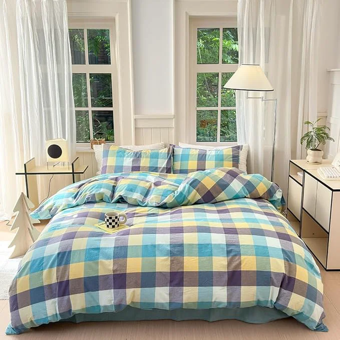 Expertly Made FACE TWO FACE Bedding Duvet Cover Set Washed Cotton Duvet Cover Linen Like Textured Breathable Durable Soft Comfy Queen Yunxi Blue Lightweight