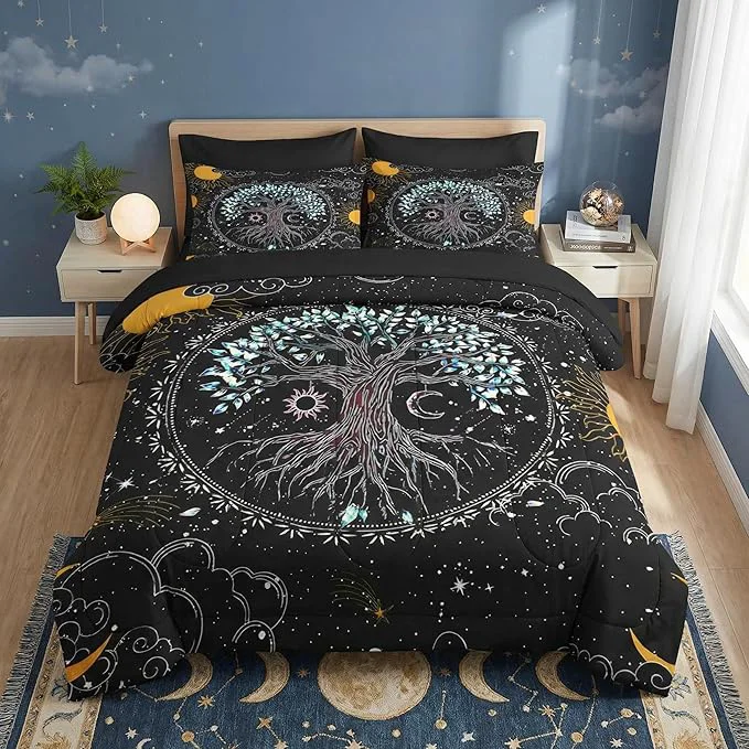 Soft Comforter Set Twin Size Trippy Hippie Tree of Life 5 Pcs Bedding for Kids and Adults Sun and Moon Bohemian Bed Sheet Sets with Fitted Sheet Pillowcase amp Sham for Bedroom Bed Decor Crafted