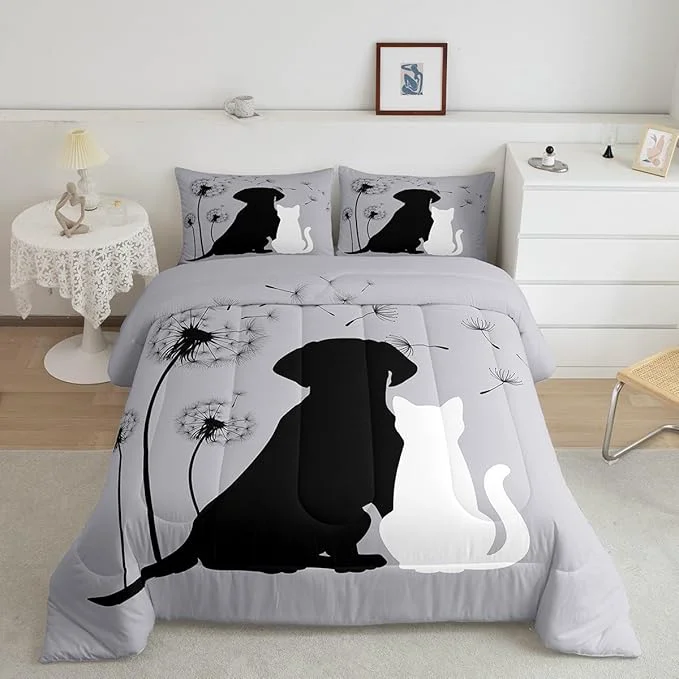 Reusable Cute Cat Dog Bedding Sets Twin Kawaii Puppy Kitten Couple Comforter Set for Girls Boys Kids Teens Dandelion Botanical Flowers Duvet Set Cartoon Pet Animals Quilted Comforter with 2 Pillow Covers Detailed