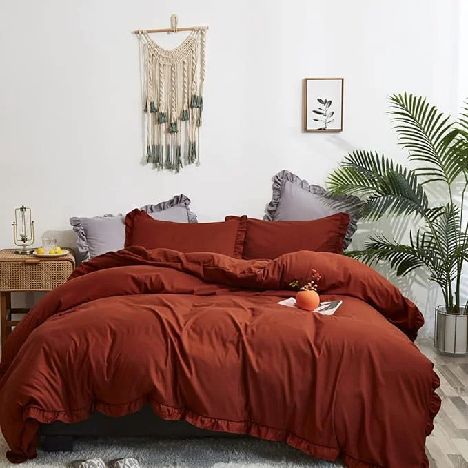 Eco-Friendly CLOTHKNOW Terracotta Ruffles Full Size Comforter Set 3Pcs Rust Farmhouse Bedding Comforter Sets Burnt Orange Comforter Soft Shabby Chic Comforter Vintage Rustic Bedding Sets Natural