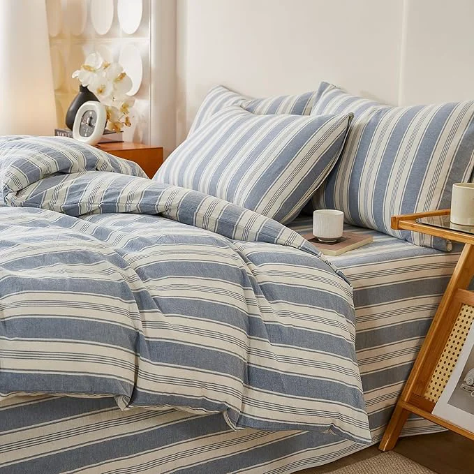 World-Class Blue Striped Duvet Cover Set Twin XL Washed Cotton Chic Stripes Pattern Printed Bedding Set 3 Pieces Soft Breathable Duvet Cover Farmhouse Retro Striped Comforter Cover with Zipper Closure Clean