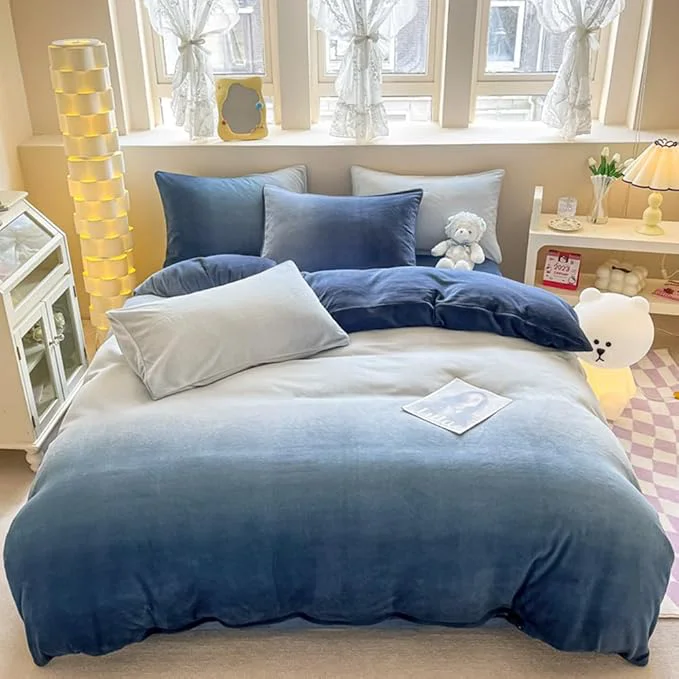 Detailed CLOTHKNOW Blue White Queen Comforter Set Velvet Bedding Comforter Sets Soft Blue Gradient Queen Comforter with 2 x Pillow Cases Original
