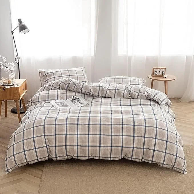 World-Class FACE TWO FACE Bedding Duvet Cover Set Washed Cotton Duvet Cover Linen Like Textured Breathable Durable Soft Comfy Queen Blue Grid Crafted