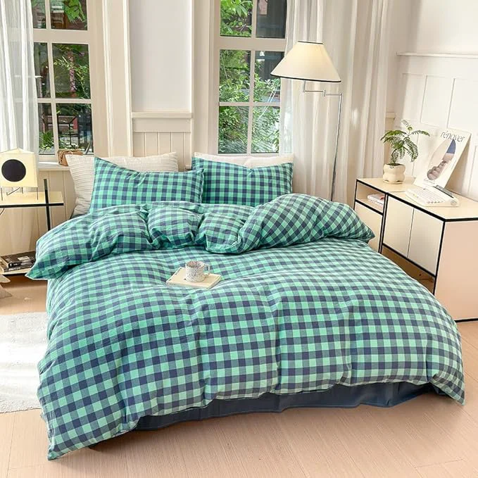 Convenient FACE TWO FACE Bedding Duvet Cover Set Washed Cotton Duvet Cover Linen Like Textured Breathable Durable Soft Comfy Twin Blue Green Grid Relaxed