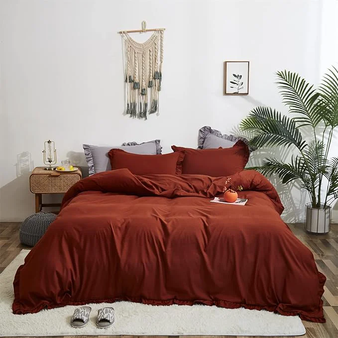 Premium Material CLOTHKNOW Burnt Orange King Size Comforter Set Ruffle Bedding Comforter Sets Shabby Chic Vintage Rustic Comforter with 2 x Pillow Cases Long-Lasting