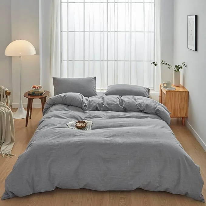 Smooth FACE TWO FACE Bedding Duvet Cover Set Washed Cotton Duvet Cover Linen Like Textured Breathable Durable Soft Comfy California King Light Grey Trusted