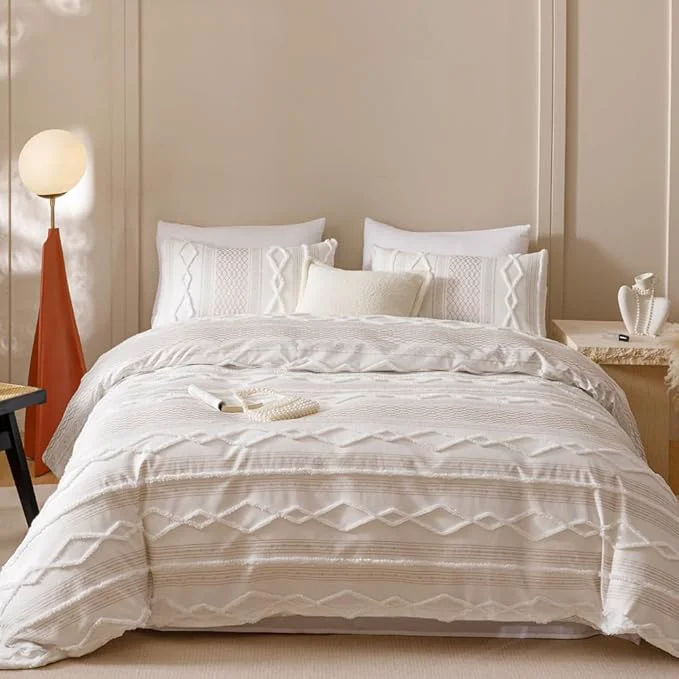 Minimalist CLOTHKNOW Ivory Bohemian King Size Comforter Set 3Pcs Clipped Jacquard Bedding Sets Farmhouse Stripes Comforter White Khaki Comforter Soft with 2 x Pillowcases Functional