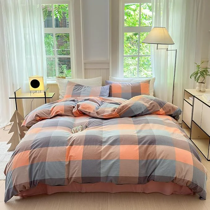 Detailed FACE TWO FACE Bedding Duvet Cover Set Washed Cotton Duvet Cover Linen Like Textured Breathable Durable Soft Comfy Twin Cookie Powder Grid Eco-Friendly