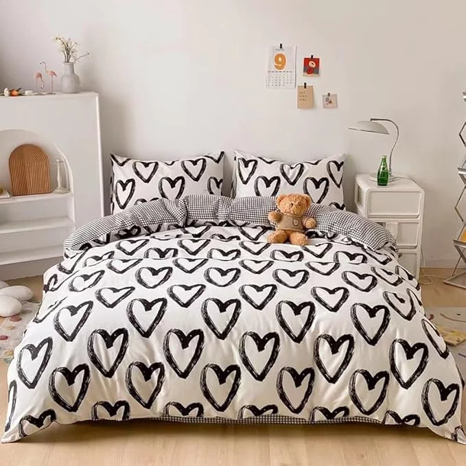 Authentic CLOTHKNOW Love Shape King Size Comforter Set Black White Bedding Comforter Sets Black Grid Comforter with 2 x Pillow Cases Durable