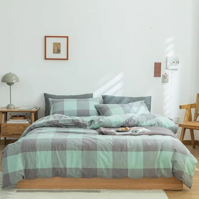 Efficient FACE TWO FACE Bedding Duvet Cover Set Washed Cotton Duvet Cover Linen Like Textured Breathable Durable Soft Comfy Twin Light Green Grid Comfortable