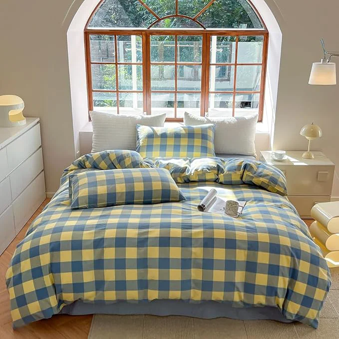 Professional FACE TWO FACE Bedding Duvet Cover Set Washed Cotton Duvet Cover Linen Like Textured Breathable Durable Soft Comfy Full Blue Yellow Grid Optimized