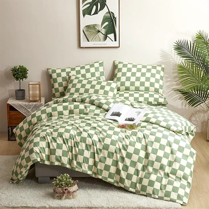 Comfortable CLOTHKNOW Green White Plaid Comforter Set California King Grid Bedding Comforter Sets Checker Comforter with 2 x Pillow Cases Reliable