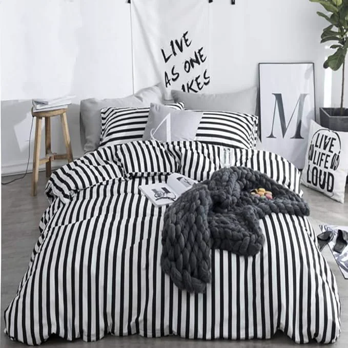 Stylish CLOTHKNOW Striped King Size Comforter Set Black and White Bedding Comforter Sets Soft Farmhouse Ticking Comforter with 2 x Pillow Cases Verified