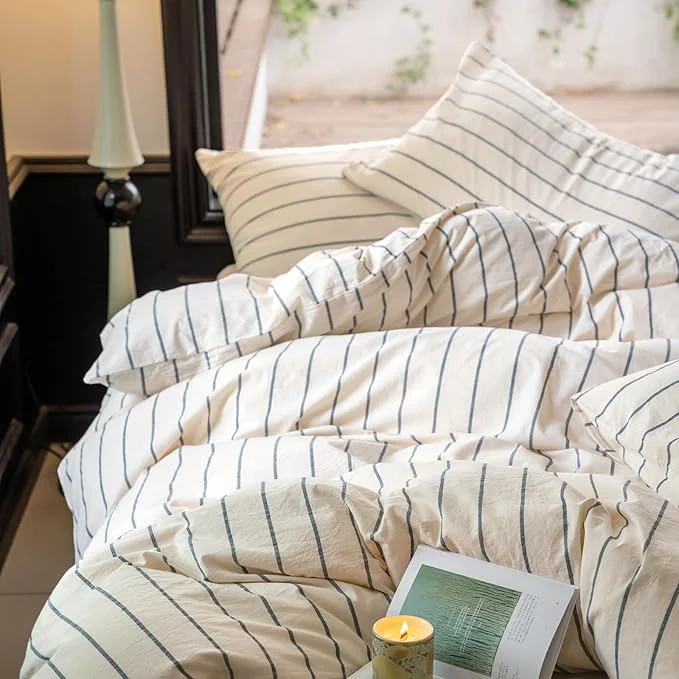 Organic LifeTB Striped Duvet Cover Set Queen Washed Cotton Beige Duvet Cover with Grey Stripes Pattern Printed Comforter Cover 3 Pieces Striped Bedding Queen Comforter Cover with Zipper Closure Proven