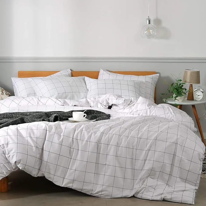 Relaxed JELLYMONI Natural Cotton 3pcs Plaid Duvet Cover Sets White with Black Grid Geometric Pattern Printed Comforter Cover with Zipper Closure amp Corner Ties Cal King Size Exceptional