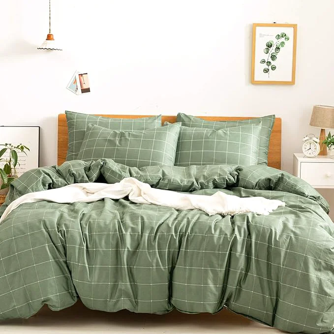 Pure JELLYMONI Natural Cotton 3pcs Plaid Duvet Cover Sets Green with White Grid Geometric Pattern Printed Comforter Cover with Zipper Closure amp Corner Ties Queen Size Next-Generation