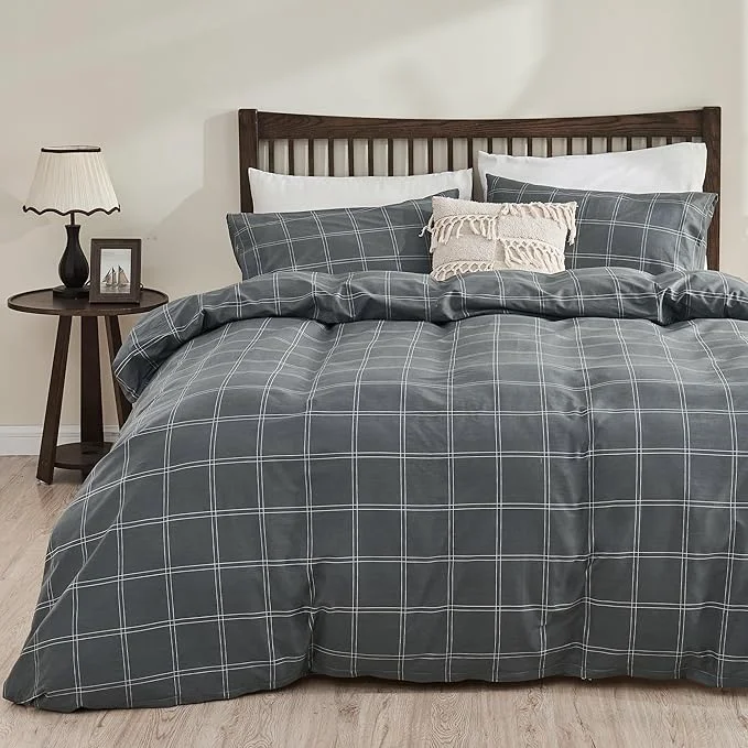 Casual JELLYMONI Natural Cotton Full Duvet Cover Set 3pcs Plaid Duvet Cover Sets with Zipper Closure Grid Geometric Pattern Comforter Cover Dark Grey Durable