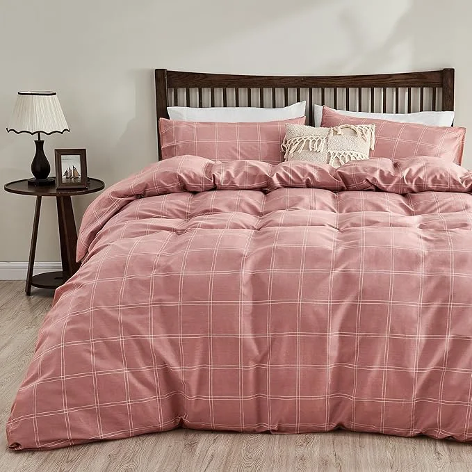 Original Design JELLYMONI Natural Cotton King Duvet Cover Set 3pcs Plaid Duvet Cover Sets with Zipper Closure Grid Geometric Pattern Comforter Cover Pink Premium Material
