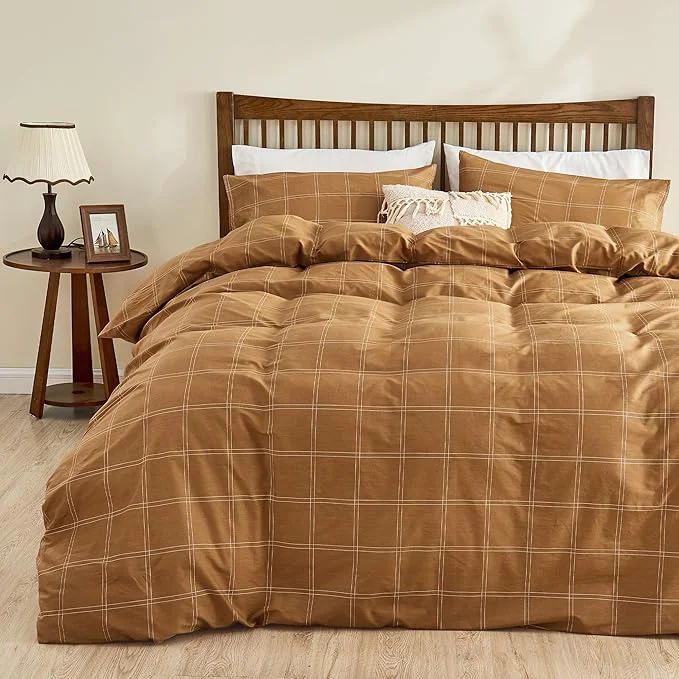 Elegant JELLYMONI Natural Cotton Queen Duvet Cover Set 3pcs Plaid Duvet Cover Sets with Zipper Closure Grid Geometric Pattern Comforter Cover Rust Prestigious