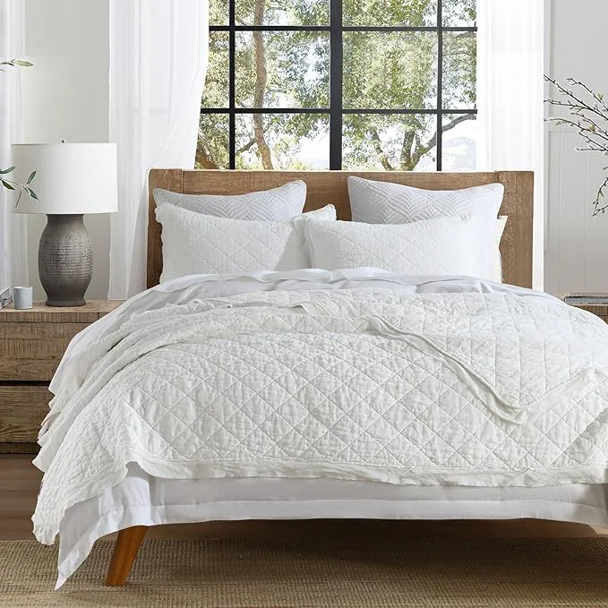 Specialty HORIMOTE HOME Linen Front Cotton Back Quilt Set King Size White Pre-Washed European Flax Linen Quilt Diamond Stitch Bedspread Coverlet Bedding Set 3-Piece for All Seasons World-Class