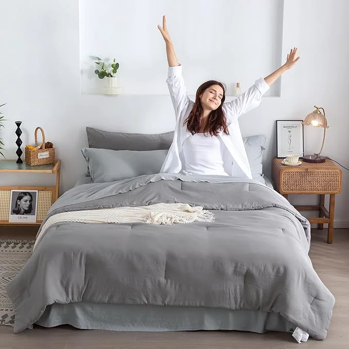 COTTEBED Super Soft King Size Comforter Set with Sheets – 7 Pieces King Bed in A Bag Modern Farmhouse Solid Polycotton Dark Gray Conforter and Light Grey Bedding Sheet Set Pillow Shams All Season Use Clean