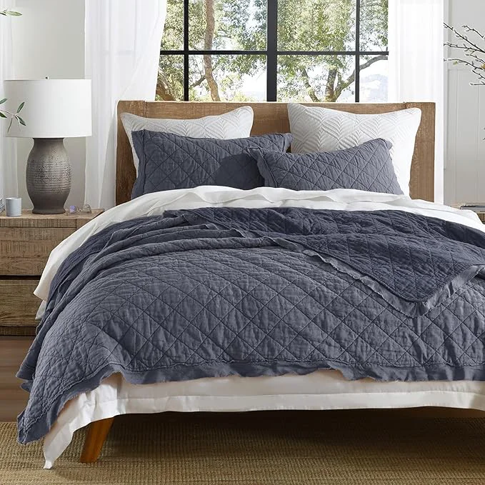 Top-Quality HORIMOTE HOME Linen Front Cotton Back Quilt Set Twin Size Steel Blue Pre-Washed Flaxen Bedspread Coverlet Set Diamond Stitch Cotton Linen Bedding Set 2-Piece for All Seasons Refined