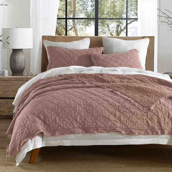 Refined HORIMOTE HOME Linen Front Cotton Back Quilt Set Queen Size Cameo Rose Pre-Washed European Flax Linen Quilt Diamond Stitch Bedspread Coverlet Bedding Set 3-Piece for All Seasons Efficient