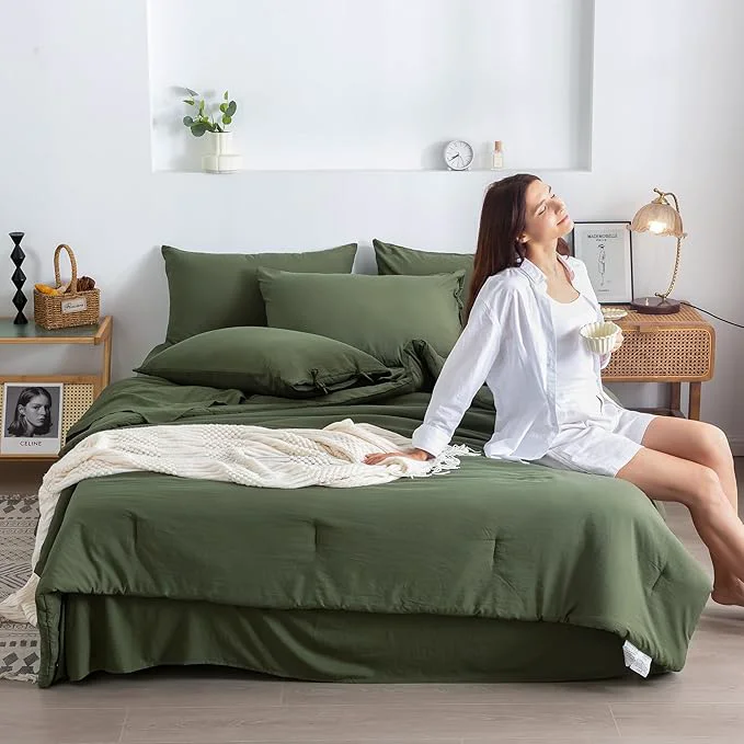 Breathable COTTEBED Super Soft King Size Comforter Set with Sheets – 7 Pieces KING BED IN A BAG Modern Farmhouse Boho Washed PolyCotton Comforter and Bedding Sheet Set Pillow Sham All Season Use Dark Olive Green Top-Quality