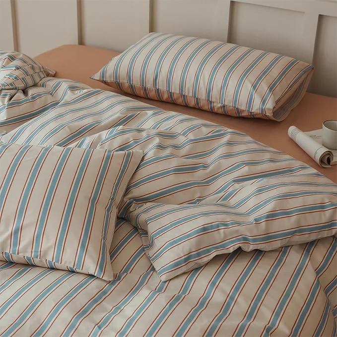 Versatile Blue Striped Duvet Cover Set Full Cotton Retro Stripes Pattern 3 Pieces Bedding Set Blue Brown Striped Comforter Cover Minimalist Soft Breathable Duvet Cover with Zipper Closure amp Corner Ties Functional