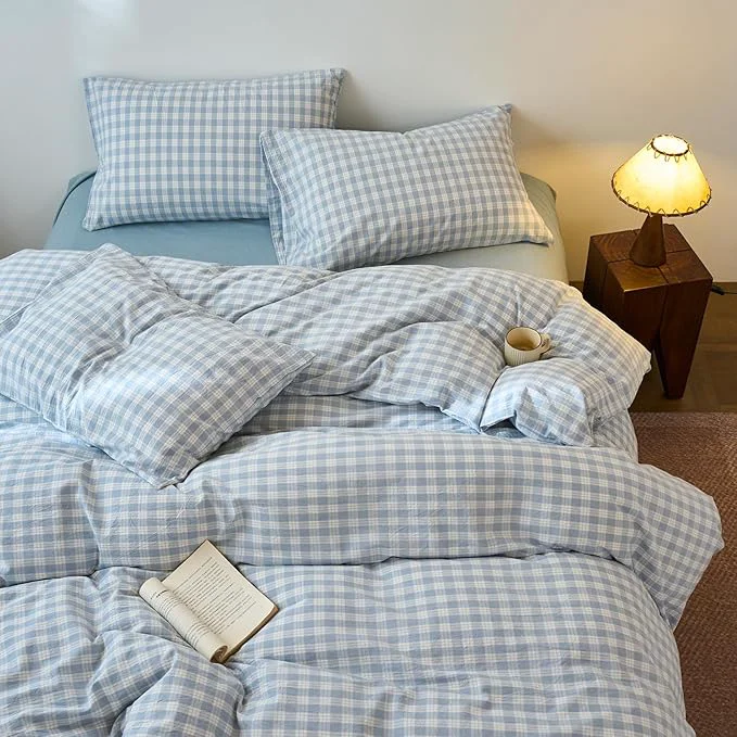 Carefully Designed LifeTB Blue Gingham Duvet Cover King Size 3 Pieces Chic Grid Bedding Set Washed Cotton Blue White Plaid Checkered Duvet Cover Breathable Farmhouse Gingham Comforter Cover for All Seasons Contemporary