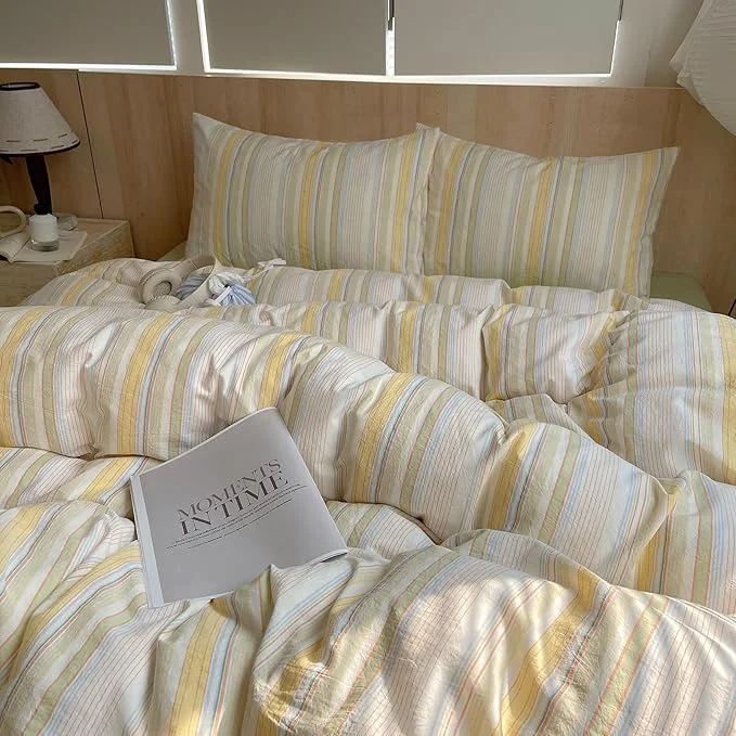 Fashionable LifeTB Washed Cotton Striped Duvet Cover Set King 3 Pieces Colorful Yellow Stripes Pattern Printed Comforter Cover Retro Striped Bedding Set Soft Breathable Duvet Cover with Zipper Closure Optimized