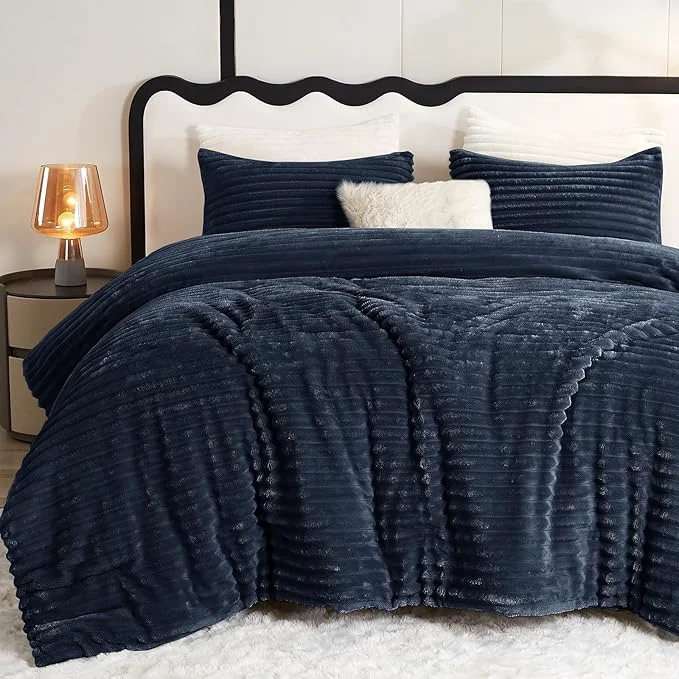 Superior CozyLux Fluffy King Size Comforter Set – Super Soft Faux Fur Navy Blue Comforter King Size Winter Warm Fleece Bedding Set 3 Pieces Plush Fuzzy Bed Set 1 Shaggy Comforter 2 Pillowcases Long-Lasting