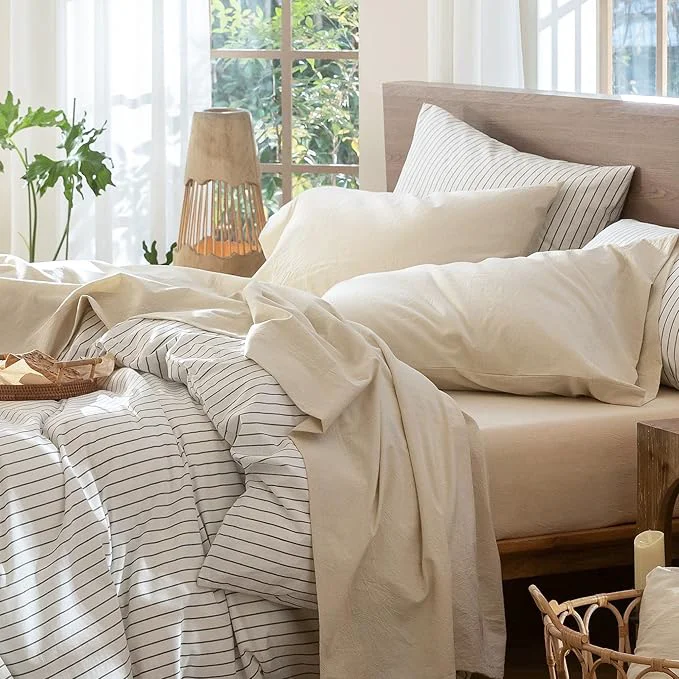 Trendy MooMee Bedding Sheet Set Washed Cotton Linen Like Textured Breathable Durable Soft Comfy Heathered Almond Milk Grey California King Premium Material