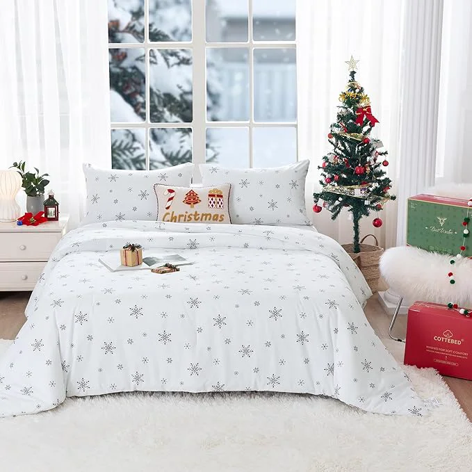 Clean COTTEBED Snowflakes Christmas Comforter Queen Snow White Warm Winter Comforter Sets Full Size Bedding Down with Pillowsham Super Soft Cozy Brushed Lightweight but Warmth Polycotton Gift Trendy