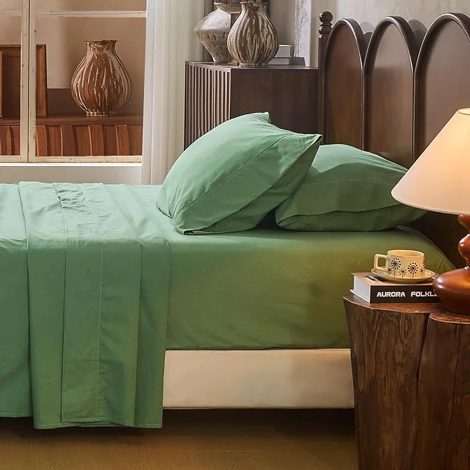 Trendy Linen Sheet Set Cal King Size Extra Deep Pocket Fits 18-24 Inch Mattress Breathable amp Soft Smooth 4-Piece Set for Thick Mattresses Hotel Luxury Bedding（Cal King Sage Green） High-Grade